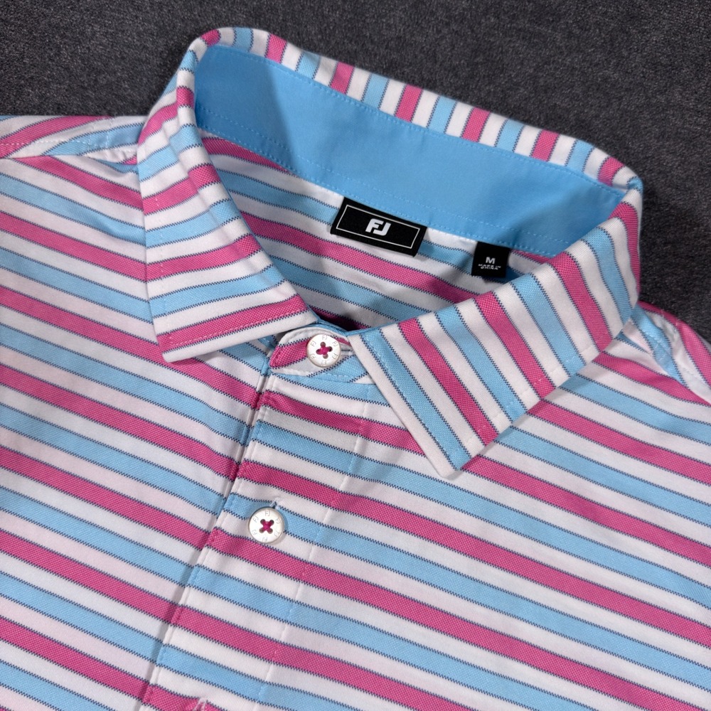 FootJoy Golf Polo Shirt Mens Medium Pink Blue White Striped Short Sleeve Lisle